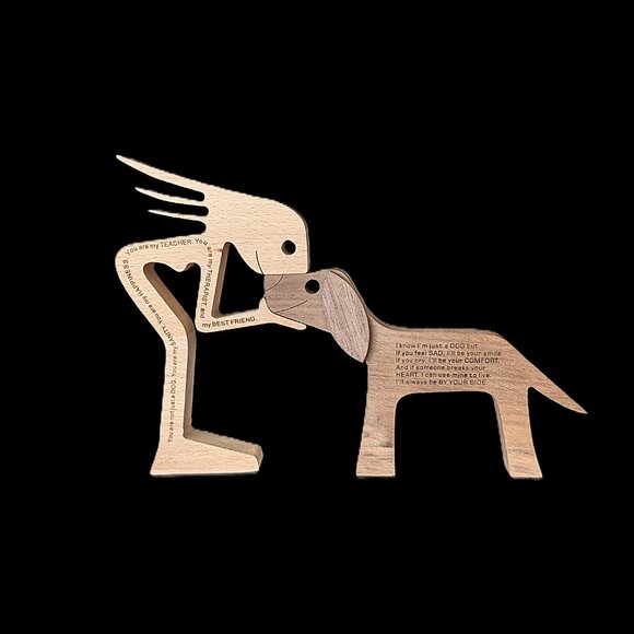 Wooden Dog & Human Engraved Figurine NWOT - Picture 3 of 7